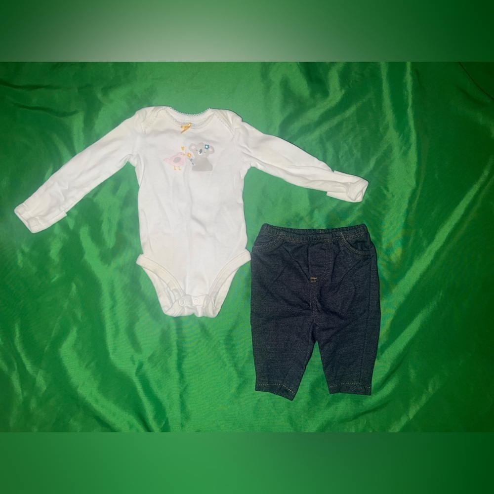 Carter's White and Pink Onesie with Bird Design and Blue Leggings Outfit size NB